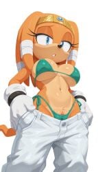 absurd_res ai_generated animal_nose anthro bedroom_eyes big_breasts bikini bikini_bottom blue_eyes body_fur bottomwear bottomwear_down bottomwear_pull breasts camel_toe clitoris clitoris_slip clothed clothing clothing_pull crown echidna female fur genitals glistening glistening_body glistening_skin gloves green_bikini green_clothing green_swimwear hair half-closed_eyes handwear hi_res highleg large_breasts lidded_eyes long_hair looking_at_viewer looking_down looking_down_at_viewer mammal monotreme narrowed_eyes navel orange_body orange_fur orange_hair organs overweight pants pants_down pants_pull partially_clothed partially_clothed_anthro partially_clothed_female pinup portrait pose pubic_mound pussy pussy_peek pussy_slip seductive sega side-tie_bikini simple_background solo sonic_(series) sonic_the_hedgehog_(series) standing stomach string_bikini swimwear tail teeth three-quarter_portrait tikal_the_echidna uncensored under_boob undressing white_background white_bottomwear white_clothing white_gloves white_handwear white_pants