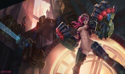 abs areolae breasts female female_only functionally_nude league_of_legends liquidshadow partially_clothed pink_hair pussy solo tagme vi