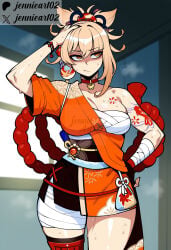 jennieart02 ai_generated twitter_username twitter patreon patreon_username patreon_logo watermark 1girl female clothing yoimiya_(genshin_impact) genshin_impact bandages breasts japanese_clothes sarashi solo wafuku traditional_clothes chest_sarashi sweat red_choker blonde_hair tattoo arm_tattoo orange_kimono choker kimono large_breasts cleavage thighs chest_tattoo hadanugi_dousa bandaged_arm hand_on_own_hip bandaged_leg obi sash vision_(genshin_impact) gloves ponytail fingerless_gloves black_sash orange_eyes single_fingerless_glove rope black_nails hair_between_eyes hair_ornament shimenawa cowboy_shot standing makeup single_bare_shoulder pouch yellow_eyes jewelry single_glove thighhighs bandaged_hand closed_mouth hand_on_own_head thick_thighs web_address artist_name indoors wide_hips