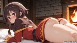 1girl ai_generated amoraart ass belt blush breasts brown_hair cape capelet dress female female_only fire fireplace from_behind indoors kono_subarashii_sekai_ni_shukufuku_wo! long_sleeves looking_at_viewer looking_back lying megumin no_panties on_bed on_stomach pillow red_dress red_eyes short_hair short_hair_with_long_locks sidelocks small_breasts solo thighs