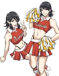 1girl artist_request bangs belly belly_button black_hair black_thong chainsaw_man cheerleader cheerleader_uniform collar converse crop_top female female_focus female_only looking_at_viewer midriff mifune_fumiko miniskirt muscular muscular_female pale_skin peace_sign pom_poms pose red_cheerleader_outfit red_eyes short_hair shoulders shounen_jump sitting skirt smile smiling_at_viewer sneakers thong thong_straps tongue tongue_out twintails v_sign white_background