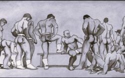 11boys 6+boys artist_request ass balls bromance bulge cropped gay jockstrap male male_only monochrome multiple_boys muscular original traditional_media