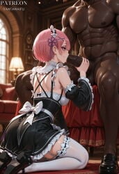 vantawaifu ai_generated ram_(re:zero) re:zero 1girl 1boy hetero dark-skinned_male roswaal_mansion_maid_uniform penis thighhighs dark_skin pink_hair kneeling oral interracial short_hair fellatio detached_sleeves breasts maid hair_ornament white_thighhighs nude x_hair_ornament testicles indoors shoes muscular dress ribbon black_footwear frills maid_headdress uncensored mary_janes abs hair_ribbon clothed_female_nude_male ribbon_trim garter_straps sitting apron very_dark_skin long_sleeves black_dress re:zero_kara_hajimeru_isekai_seikatsu maid_uniform