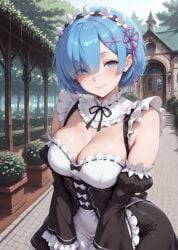1female 1girl 1girls ai_generated bangs bare_shoulders big_breasts black_dress black_ribbon blue_eyes blue_hair blush breasts cleavage closed_mouth detached_sleeves dress frilled_sleeves frills garden hair_ornament hair_over_one_eye hair_ribbon large_breasts looking_at_viewer maid maid_headdress outdoors pink_ribbon re:zero re:zero_kara_hajimeru_isekai_seikatsu rem_(re:zero) ribbon ribbon_trim roswaal_mansion_maid_uniform saberai short_hair smile solo solo_female tagme x_hair_ornament