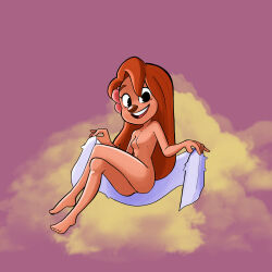 1girl smile solo hair_flower long_hair breasts towel teeth hair_ornament flower holding_towel small_breasts no_nipples nude barefoot sitting crossed_legs holding open_mouth navel black_eyes pink_flower full_body happy cloud looking_at_viewer completely_nude legs hands_up furry brown_hair furry_female pinky_out red_hair nipples collarbone mole invisible_chair stomach freckles sky light_blush hair_down purple_background thighs sidelocks upper_teeth_only ass simple_background hair_between_eyes roxanne_(goof_troop) goof_troop risingfang