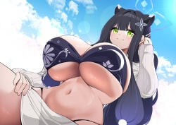 1girls absurdres animal_ear_fluff animal_ears bikini black_bikini black_hair blue_archive blue_halo breasts cleavage closed_mouth cloud cloudy_sky commentary_request female floral_print from_below green_eyes grey_shrug hair_ornament hairclip halo hand_on_own_thigh highres huge_breasts kanmuri_(kannmuri0227) long_hair long_sleeves looking_at_viewer navel official_alternate_costume official_alternate_hairstyle sarong see-through_clothes see-through_sarong shrug_(clothing) shun_(blue_archive) shun_(swimsuit)_(blue_archive) sitting sky smile solo stomach strapless strapless_bikini swimsuit tiger_ears tiger_girl underboob white_sarong