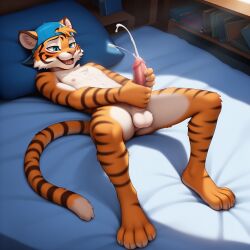 ai_generated furry felid mammal pantherine tiger hi_res anthro backwards_baseball_cap backwards_hat balls baseball_cap bed bedroom blue_eyes bodily_fluids book clothing cum cum_on_body cum_on_chest cum_on_self ejaculation erection fur furniture genital_fluids genitals hand_on_penis hat hat_only headgear headgear_only headwear headwear_only humanoid_genitalia humanoid_penis light looking_pleasured male masturbation mostly_nude nipples nude open_mouth orange_body orange_fur paws penis slim smile solo striped_body striped_fur stripes sunlight touching_penis two-handed_masturbation white_body white_fur