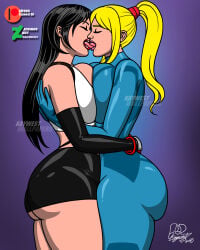 2girls big_breasts breast_press crossover female female_only final_fantasy french_kiss kaywest kissing lesbian lesbian_kiss metroid nintendo samus_aran source_request tifa_lockhart yuri zero_suit_samus