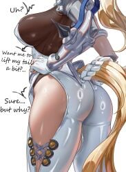 1girl ass ass_focus blonde_hair breasts clothing_cutout english_text from_behind hand_on_own_hip highres horse_girl horse_tail large_breasts long_hair lower_body pants ponytail sigrid_(zenless_zone_zero) simple_background solo tail thigh_cutout tight_clothes tight_pants white_background zancrowkami zenless_zone_zero