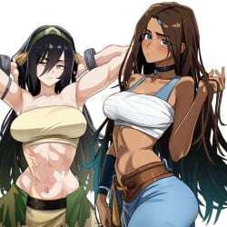 2026 2girls abs armpits arms_behind_head arms_up athletic_female avatar_the_last_airbender belly belly_button black_hair blue_eyes blush bracelets brown_hair choker cute dark-skinned_female earth_kingdom eyebrows eyebrows_visible_through_hair female female_only friends hair_down katara light-skinned_female long_hair midriff muscles muscular_female playing_with_hair pout six_pack standing tan_body the_legend_of_aang thin_waist toned_female toph_bei_fong upper_body very_long_hair vlizz water_tribe white_background young_adult