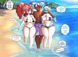 lobovalkiria very_high_resolution absurd_res english_text speech_bubble dialogue detailed_background beach seaside nintendo pokemon pokemon_(species) generation_3_pokemon shiny_pokemon shiny_gardevoir gardevoir mandy_(gammainks) anthro generation_6_pokemon florges original original_character final_fantasy final_fantasy_xiv viera 2girls 1boy male female dark_skin dark-skinned_male bunny_ears bunny_boy white_hair highlights_(coloring) red_highlights green_eyes yellow_eyes freckles closed_eyes eyelashes smile smiling red_hair blue_hair long_hair hairband breasts big_breasts areola_slip skimpy_bikini eyepatch_bikini trunk micro_shorts jean_shorts thick_thighs wide_hips choker arm_over_shoulder walking