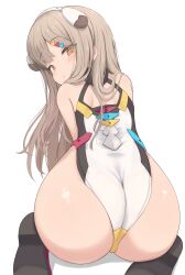1girl absurdres alice_gear_aegis ass bare_shoulders black_shoes closed_mouth female female_only grey_hair highres huge_ass leotard light_smile long_hair looking_at_viewer looking_back orange_eyes pillow pussy pussy_peek rakuhana_meru seseragi_(star4rats) shiny_skin shoe_soles shoes shoulder_blades solo tareme white_leotard wide_hips