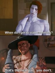 zdots calliope_brando calliope_brando_(zdots) destiny_(game) destiny_2 destiny_(video_game) hunter_(destiny) warlock_(destiny) meme meme_reference caption cowboy_hat blender blender_(software) vincent_earle_(zdots) ntr cuckold cuckolding orgasm_denial
