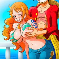 ai_generated big_breasts bikini_top blush breast_out busty couple female grabbing_breasts grabbing_from_behind hourglass_figure huge_breasts male male/female monkey_d._luffy monkey_d_luffy nami_(one_piece) one_piece scar scar_on_chest smiling straw_hat tattoo wide_hips