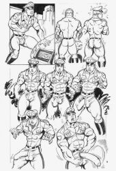 1boy ass balls_bulge balls_outline bara big_penis bulge comic foreskin gay growth male male_only monochrome muscular original out_of_frame outdoors penis_growth penis_outline penis_through_fly police siproites solo tight_clothing traditional_media uncircumcised
