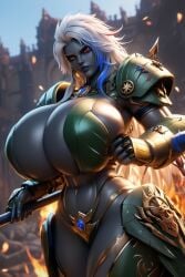 1girl 1woman 3d ai_generated big_ass big_breasts white_hair red_eyes red_eyes_female braided female female_only female_space_marine black-skinned_female black_skin power_armor power_armor_(warhammer) primarch ravenomega vulkan rule_63 sexy_body sexy_female sexy_woman long_hair voluptuous voluptuous_body voluptuous_female warhammer_(franchise) warhammer_40k blue_hair gold_armor green_armor salamanders salamanders_(warhammer_40k)