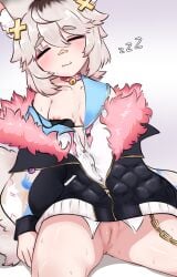 1girls :3 bandaid_on_nose black_bikini_top black_jacket blonde_hair blush blush_lines chain collar_with_bell cross_hair_ornament exposed_breasts exposed_nipple exposed_pussy female female_only fox_ears fox_girl fox_tail indie_virtual_youtuber nipple_slip nipples pink_collar pussy pussy_lips sachiihappy sailor_shirt shirahiko_(vtuber) sleeping small_breasts solo sweat sweatdrop sweating thick_eyebrows virtual_youtuber vtuber white_shirt