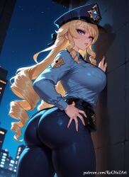 1girl 1girls 2026 ai_generated anime ass ass_focus bangs belt big_ass big_breasts black_belt blonde_hair blue_eyes blue_headwear blue_pants blue_shirt boobs breast_pocket breasts buttocks cleavage collared_shirt cowboy_shot crossover drill_hair eye_contact female female_focus female_only from_behind genshin_impact hand_on_hip hat highres hoyoverse huge_breasts large_breasts light-skinned_female long_hair long_sleeves looking_at_viewer looking_back mihoyo navia_(genshin_impact) necktie night night_sky nsfw outdoors pants pantylines parted_lips patreon pocket police police_hat police_uniform policewoman pouch rognezart shirt sidelocks sky solo thick_thighs thighs tight tight_pants uniform very_long_hair