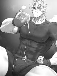 genshin_impact varka_(genshin_impact) haiki_(tegusu) haiki396g grayscale bara gay yaoi male male_only muscular_male workout_clothes after_workout alcohol beer_mug steamy_breath musky thick_thighs erection underwear transparent_clothing huge_biceps bara_tits liquid_on_penis waow licking_lips himbo gay_male tough_guy buff_male arm_veins