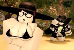 1boy 1girls 3d areolae balls beach bikini bottomless_female breasts crimstuff outdoors penis penis_out roblox robloxian tagme white_skin zaduworkz