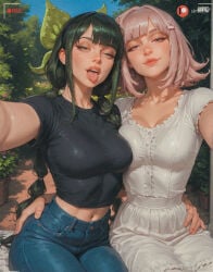 ai_generated aisinful artist_name ass bangs big_ass big_boobs big_butt blunt_bangs blush breasts butt chabashira_tenko closed_eyes danganronpa danganronpa_v3 denim female grass green_hair hair_ornament hand_on_hip hi_res jeans large_breasts medium_breasts medium_hair multiple_girls nanami_chiaki navel outdoors outstretched_arm pants pink_hair reaching_out recording selfie thick_thighs wide_hips