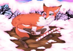 2017 animal_genitalia animal_pussy anus bite black_nose blush candy candy_cane canine canine_pussy female feral food fox fur green_eyes heart lying mammal on_side one_eye_closed orange_fur pussy rukifox solo tail_biting