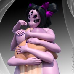 3d 6_arms anthro arachnid arthropod between_breasts breast_smother breasts female hug human human_on_anthro idsaybucketsofart interspecies male mammal muffet smothering spider straight undertale video_games