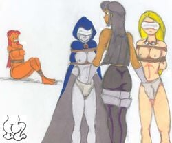 2d 4girls alien alien_look_like_human arms_behind_back blackfire bondage breasts dc dc_comics female female_only femdom femsub gag gagged grey-skinned_female grey_skin hand_in_another's_panties hand_in_panties komand'r koriand'r light-skinned_female light_skin molestation multiple_girls multiple_subs orange-skinned_female orange_skin rachel_roth raven_(dc) rope rope_bondage starfire straight_hair tan-skinned_female tan_skin teen_titans terra_(dc) tied_up yuri