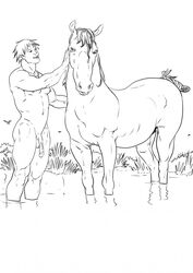 ambiguous_gender balls black_and_white braided_hair braided_tail duo equine feral furronika grass hair horse human male mammal monochrome nipples nude penis water