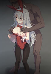 1boy 2010s angry animal_ears areolae black_legwear blush breast_grab breasts bunny_ears bunnysuit clenched_teeth cnm dark-skinned_male dark_skin detached_collar fake_animal_ears female female gangut_(kantai_collection) grey_hair groping high_resolution kantai_collection leotard long_hair male medium_breasts nipple_tweak nipples orange_eyes pantyhose red_leotard scar standing wrist_cuffs