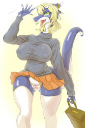 2015 anthro bag big_breasts blonde_hair blue_body blue_clothing breasts bulge clothed clothing dragon fangs female female_focus green_eyes hair horn looking_at_viewer open_mouth orange_skirt pussy rikuta shiny simple_background skirt smile solo standing teeth thick_tail voluptuous walking waving wide_hips