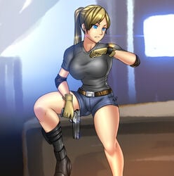 1girls belt blonde_hair blue_eyes boots breasts clothed elbow_pads female gloves gun heather_ward hotpants inkling_ghaul jean_shorts large_breasts shorts tagme the_division thick_thighs thighs tom_clancy