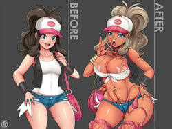 1girls bad_id bag baseball_cap before_and_after belly bikini bimbo bimbofication breasts brown_hair cap collar condom corruption dark-skinned_female dark_skin dildo female female_only female_protagonist fishnets ganguro gyaru gyarufication gyarufied happy hat hilda_(pokemon) huge_breasts human long_fingernails long_hair nail_polish naughty_face nintendo outerwear poke_ball pokemon pokemon_bw pokemon_trainer pubic_tattoo revolverwingstudios seductive seductive_smile shirt shorts skimpy smile solo thick_thighs thighhighs tied_hair vest vibrator waist_poke_ball