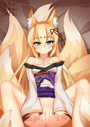 animal_ears animal_tail anus bare_shoulders blonde_hair blush bottomless breasts collarbone cowfee eyebrows_visible_through_hair female fox_ears fox_tail green_eyes highres japanese_clothes long_hair long_sleeves looking_at_viewer mon-musu_quest! monster_girl monster_girl_quest multiple_tails pussy slit_pupils small_breasts smile solo spread_legs tail tamamo_(monster_girl_quest) tattoo uncensored wide_sleeves