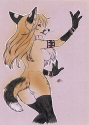 anthro armband bracelet breasts canine claws clothing dancing fangs female gloves_(marking) hair inner_ear_fluff jackal jewelry legwear long_hair looking_at_viewer looking_back mammal markings nekoart nipples nude pussy sideboob solo stockings whiskers