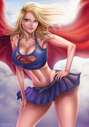 1female artist_logo athletic big_breasts blonde_hair blue_eyes blue_skirt blue_topwear breasts cape clouds curvy dc dc_comics female female_only flowerxl hair_in_wind hand_on_thigh kara_zor-el large_breasts long_hair looking_at_viewer pale-skinned_female pink_lips pink_lipstick pinup red_cape sky_background smile solo standing supergirl supergirl_(series) superheroine thick_thighs watermark