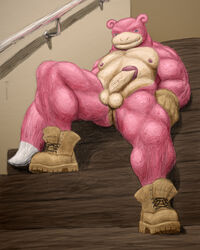 2017 4k absurd_res anthro anthrofied balls barazoku blue_eyes boots chase_(tjdolphin) clothing colored_sketch detailed_background footwear gloves half-erect hi_res humanoid_penis leather male_only mammal muscular nintendo nipples parent penis perineum pokémon_(species) pokemon railing reclining simple_background sitting sketch slightly_chubby slowpoke smile stairs sweat tan_background tjdolphin vein video_games wood