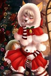 2017 5_fingers anthro blonde_hair breasts canine canine christmas clothed clothing detailed_background digital_media_(artwork) female hair holidays husky mammal mifa purple_eyes smile solo under_boob