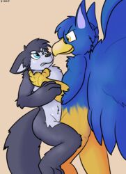 2017 anthro avian bailey_(housepets!) blue_feathers canine cum duo eye_contact feathers female forced gryphon housepets! male mammal pete_(housepets!) rape sex simple_background size_difference stand_and_carry_position standing starit straight tears