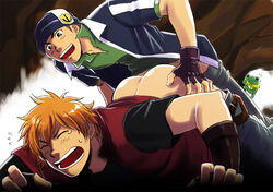 2boys all_fours amata_sora anal anal_sex andy_w_hall aquarion_(series) aquarion_evol beige_skin blush closed_eyes clothed clothed_sex club_z doggy_style gloves male male_focus male_only maledom multiple_boys orange_hair sex spiked_hair tan_skin tears thrusting vest yaoi