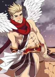 2boys anal blonde_hair blush clenched_teeth clothed cum erection hata_ichi heartbreakers_series heartseeker_varus league_of_legends looking_at_another male_focus multiple_boys nipples pecs penis precum scarf sex spiked_hair sweat testicles thrusting valentine's_day varus wings yaoi yellow_eyes