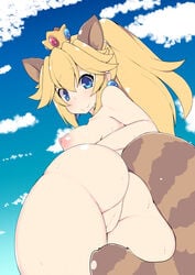 1girls animal_ears areolae ass blonde_hair blue_eyes breasts censored cloud crown earrings eyebrows_visible_through_hair female female_only from_behind higetora_(higeusagi346) looking_back mario_(series) new_super_mario_bros._2 nintendo nipples nude outdoors ponytail princess_peach pussy raccoon_ears raccoon_girl raccoon_peach raccoon_tail sideboob sky smile solo standing super_mario_bros. sweat tail