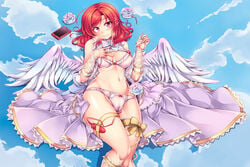 bow bra breasts cameltoe clouds flowers jpeg_artifacts love_live! love_live!_school_idol_project navel nishikino_maki panties phone purple_eyes pussy_juice red_hair ribbons rose short_hair sky underwear vibrator windart wings