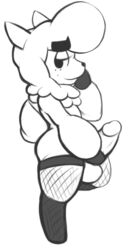 1boy 2013 aintsmart animal_crossing balls camelid clothing cyrus_(animal_crossing) fishnet legwear llama looking_at_viewer male_only mammal monochrome nintendo penis solo stockings video_games