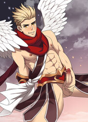 1boy blonde_hair blush clothed erection hata_ichi heartbreakers_series heartseeker_varus human league_of_legends looking_at_viewer male male_focus male_only mosaic_censoring nipples pecs penis scarf smile spiked_hair sweat testicles uncensored valentine's_day varus wings yellow_eyes