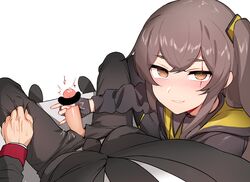 1boy 1girls bangs bar_censor black_gloves black_neckwear blush brown_eyes brown_hair censored erection eyebrows_visible_through_hair female fingerless_gloves formal girls'_frontline gloved_handjob gloves grin handjob highres hood hoodie legs_apart light-skinned_female light-skinned_male light_skin long_hair looking_at_viewer ndgd_(bean1215) necktie nose_blush one_side_up pantyhose parted_lips penis pov scar scar_across_eye sidelocks simple_background sitting smile straight suit tsurime ump45_(girls'_frontline) white_background