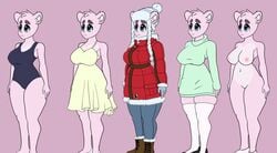 2017 anthro bear big_breasts blue_eyes boots breasts clothed clothing coat dress female footwear fur hat jacket jeans legwear lilly lineup mammal nipples nude pants pink_fur pussy silverboltbw smile stockings sundress sweater_dress swimsuit thick_thighs voluptuous wide_hips