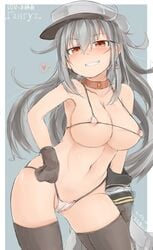 2010s areola_slip areolae artist_name bikini black_gloves blush bra breasts brown_eyes cameltoe character_name choker collar earrings erect_nipples erect_nipples_under_clothes female gangut_(kantai_collection) gloves grey_background grey_hair grin hair_between_eyes hat heart heart_earrings high_resolution jacket jewelry kantai_collection large_breasts lock long_hair looking_at_viewer micro_bikini military military_hat military_jacket military_uniform navel nipple_slip nipples okiraku_nikku padlock pantsu peaked_cap pubic_hair red_eyes remodel_(kantai_collection) scar scar_on_cheek see-through silver_hair skindentation smile solo swimsuit thighhighs underwear uniform