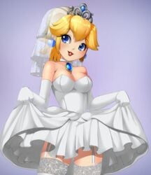 alternate_costume bride female mario_(series) nintendo princess_peach razorkun simple_background skirt_lift solo stockings super_mario_odyssey tiara wedding_dress wedding_tiara wedding_veil