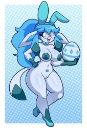 1girls 2024 alternative_fashion annyglaceon_(mintyspirit) anthro areola big_breasts black_body blue_areola blue_body blue_fur blue_hair blue_nipples blue_sclera blush bow_ribbon breasts bunny_costume clothing costume digital_media_(artwork) ears_down easter easter_egg eeveelution egg eyebrow_through_hair eyebrows eyelashes eyewear fake_ears fake_rabbit_ears female female_only footwear full-length_portrait fur furry generation_4_pokemon genitals glaceon glasses hair hand_on_hip hi_res holding_egg holding_object holidays mintyspirit nerd nintendo nipples non-mammal_nipples nude open_mouth pivoted_ears pokemon pokemon_(species) pokemon_egg ponytail portrait pussy shoes smile solo thick_thighs translucent translucent_hair white_eyes